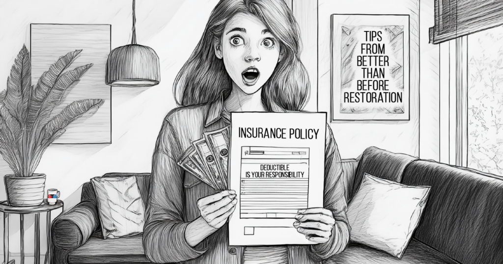A young woman surprised at realizing she has a high deductible after seeing her homeowner policy.