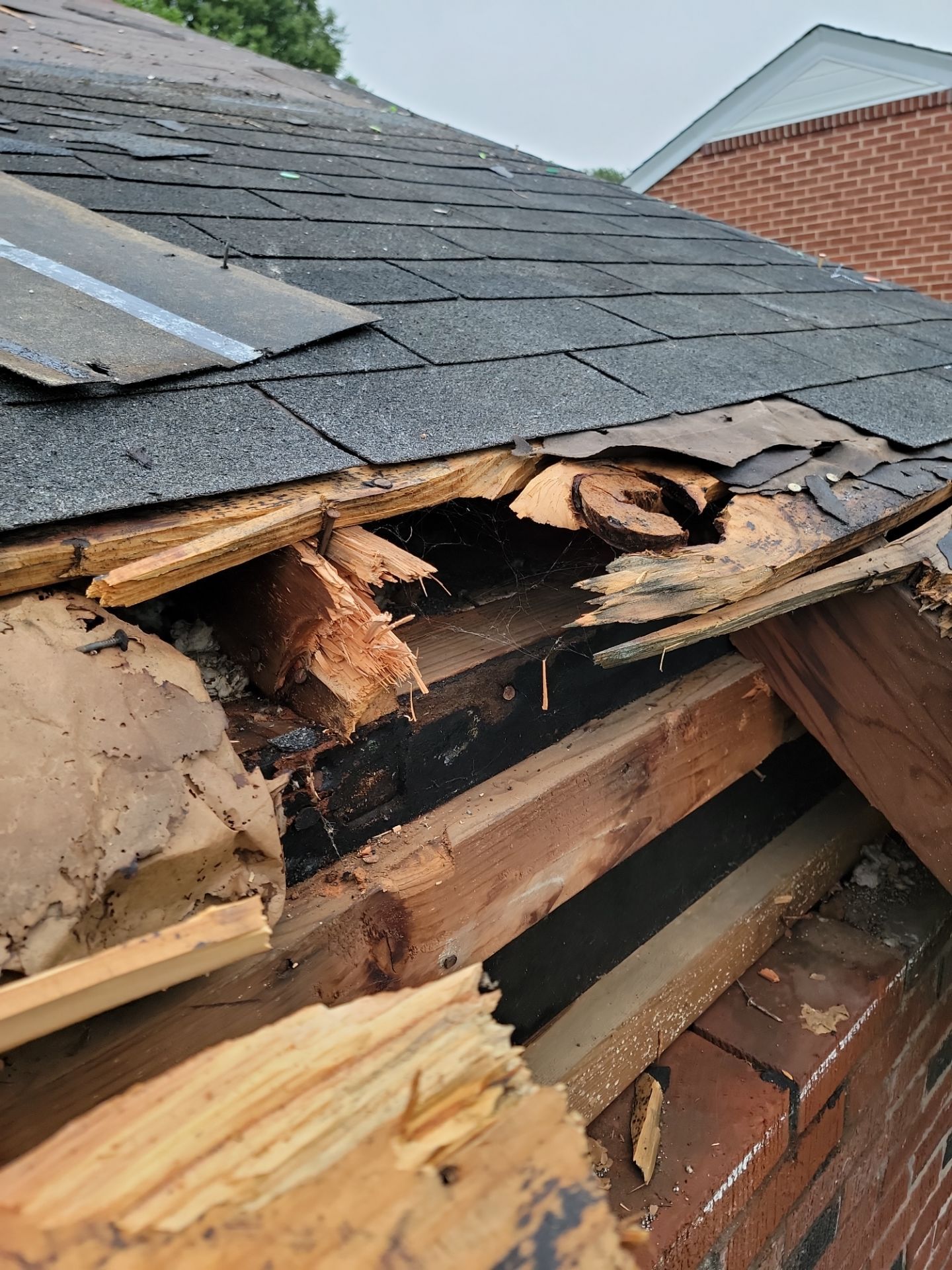 Damaged roof from tree hitting after a tornado