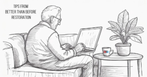 Graphic of an older gentleman looking at his laptop containing photos he uploaded for his insurance policy.